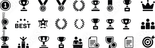 Award and achievement icon set with trophies, medals and badges isolated on gray background, black vector business success symbols