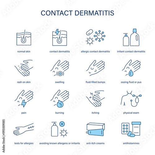 Contact Dermatitis  symptoms, diagnostic and treatment vector icon set
