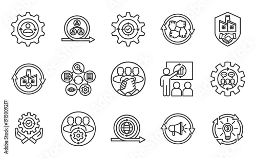 Change management outline icon set. Contain change management, strategy, employee engagement, agent of  change, socialization, communication, training, opportunity, stakeholder, global change