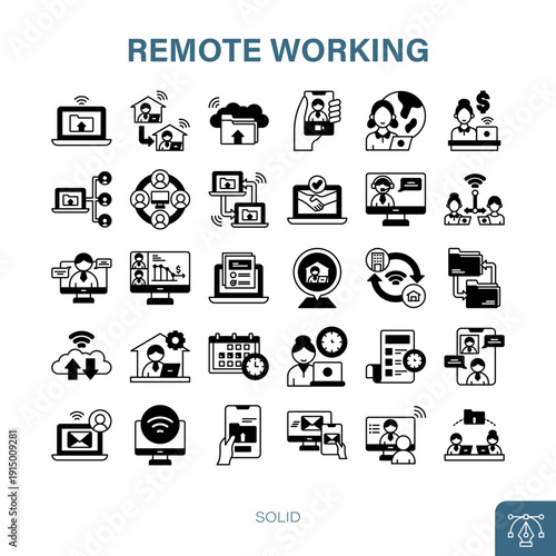 Remote Working Solid Icon Set Vector Illustration