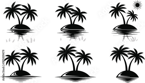 Set of hand drawn palm tree sketches and silhouettes in various poses and sizes isolated on white background for tropical summer designs.