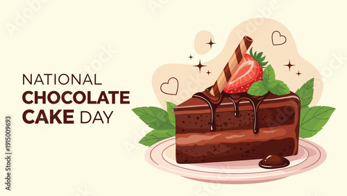 Mouthwatering slice of chocolate cake topped with a strawberry, chocolate sticks, and mint leaves for National Chocolate Cake Day.