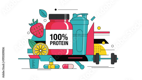 High quality protein supplement container surrounded by fitness equipment, fresh fruits, and health capsules for sports nutrition.