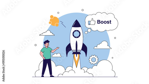 Conceptual illustration of a rocket launching with a like button speech bubble representing a boost in social media engagement.