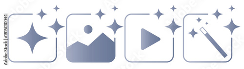 Set of AI image and video generate icons with sparkle star, photo, play button and magic wand. AI creative tools for digital media, content generation and modern application interface.