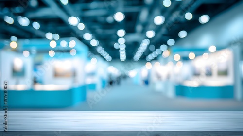 Business Event Scene: An expansive business event hall scene comes alive with the blurred silhouettes of attendees mingling amidst a display of exhibition booths, the whole scene is awash in a cool.