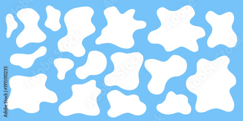 Blue frame style puddle shapes with white water splashes inside. Flat liquid vector background element set for graphic design frames stains and playful layouts