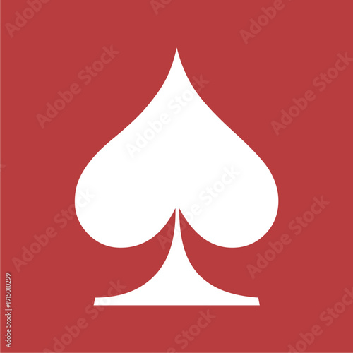 White Spade Suit Silhouette on Red Background: Minimalist Vector Illustration of Playing Card Symbol for Gambling, Poker Game Design, Casino Night Poster, and Las Vegas Concept Graphics