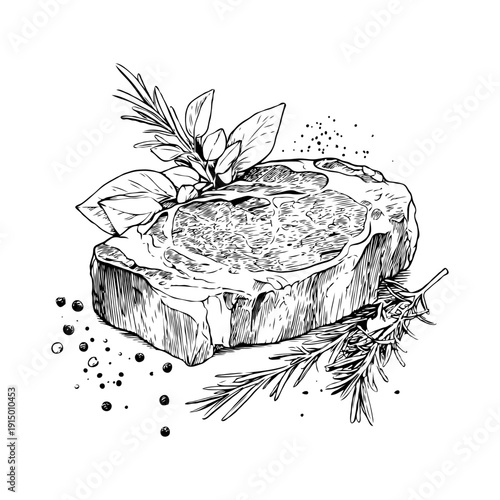 Steak with herbs and spices in detailed hand-drawn sketch style on white background, representing culinary and gourmet food concept