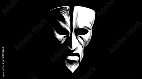 A stylized monochrome illustration depicts a split mask, with contrasting light and shadow