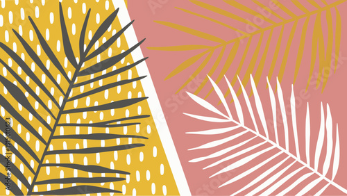 Vibrant palm leaves in contrasting yellow and pink backgrounds with white accents diagonal split layout