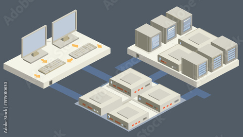 Flat vector illustration of data transfer process between computer and servers
