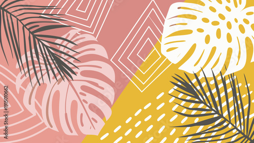 Vibrant tropical leaf pattern with geometric shapes in pink yellow and white colors for design and decoration