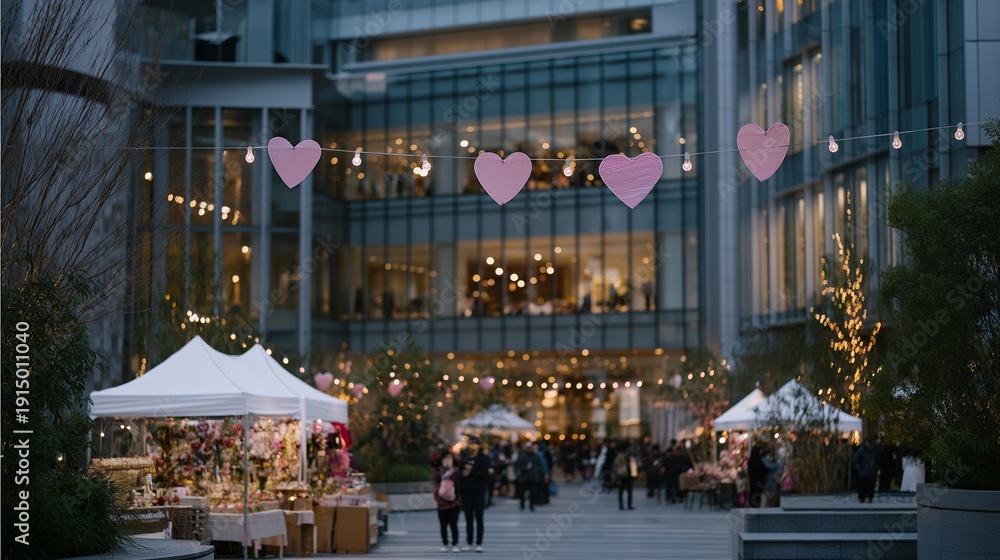 Naklejka premium Dazzling city plaza bustling with Valentine's Day activities, featuring heart-themed craft stalls, cheerful street performers, and couples embracing amid lively celebrations. Warm, festive lighting