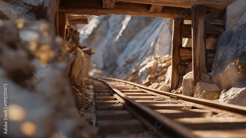 Ancient mine tunnel with intricate rail tracks and wooden beams, inviting enthusiasts to uncover its deep history and rich mineral deposits, ideal for vintage and industrial projects. Warm golden