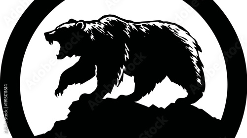 Black silhouette of a bear, walking on rocks and framed by a black ring