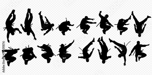 Dynamic collection of ninja silhouettes in various action poses, showcasing martial arts movements and acrobatic skills.