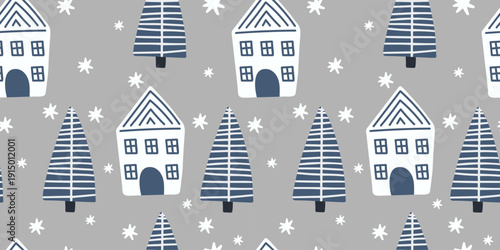 Seamless winter pattern with cozy houses and pine trees on soft gray background for nursery decor, kids textile, wrapping paper, wallpaper and holiday packaging