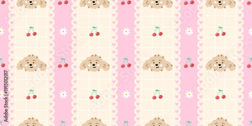 Seamless cute dog pattern with kawaii puppy faces, hearts, and soft pastel details. Designed for baby fabrics, nursery wallpaper, and sweet Valentine or Easter prints
