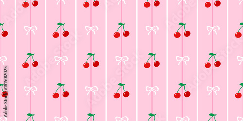 Cute cherry seamless background with bow details. Ideal for kawaii wallpapers, spring fabrics, and charming dessert packaging