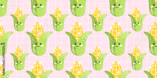 Cute corn seamless background featuring kawaii sweetcorn and simple pastel details. Ideal for kids wallpaper, grocery packaging, and playful food-themed prints