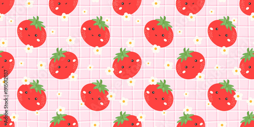 Seamless kawaii tomato pattern with smiling red fruits on a soft pink gingham background. Designed for kids textiles, kitchen decor, and playful food packaging