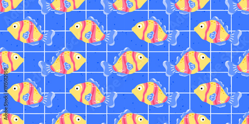 Seamless pattern with tropical fish and coral on blue background. Playful underwater design for kids textiles, wrapping paper, and summer beach themes