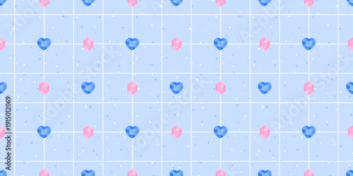 Vector seamless pattern with blue hearts and pink hexagon gems on a light grid background. Cute geometric romantic design, perfect for Valentines, fashion textiles, stationery, and packaging