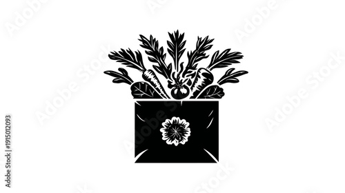 A black and white illustration of assorted vegetables overflowing from a stylized paper bag