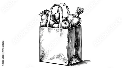 A black and white illustration depicts a paper bag overflowing with various fruits and vegetables