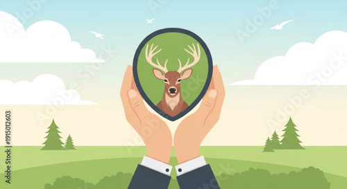 Person holding magnifying glass with deer head in green landscape with trees and blue sky