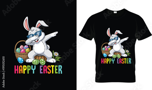 Happy Easter dabbing bunny t-shirt design with colorful typography, cute tshirt vector illustration, playful logo style apparel graphic, funny rabbit and eggs theme for Easter holiday celebration prin