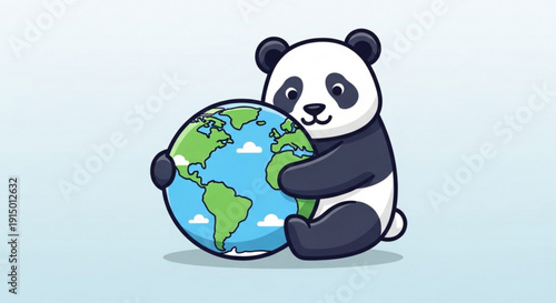Cuddly panda bear hugging the earth globe with love and care symbolizing environmental conservation and wildlife protection on a soft gradient background