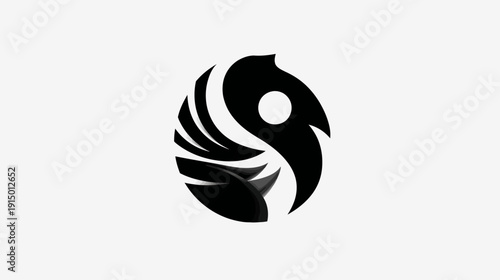 Stylized black and white bird-like design within a circle. Features smooth curves, a central eye-like detail, and wings