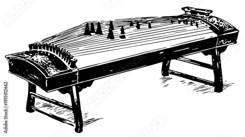 A black and white illustration of a rectangular stringed instrument with legs