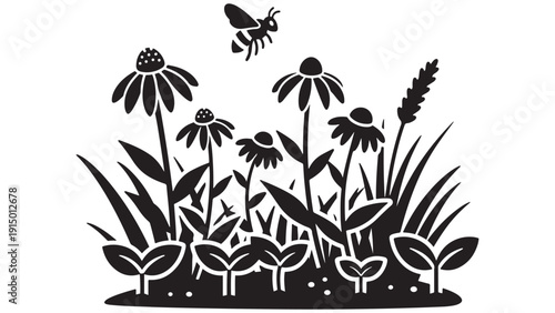 Pollinator Wildflower Garden Patch With Coneflowers, Seedlings And Bee Silhouette — Black Solid Vector For Community Gardening And Biodiversity