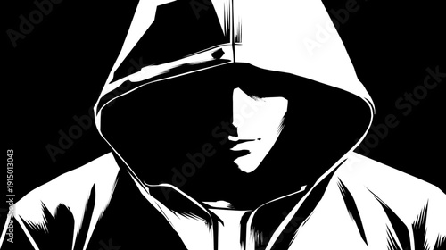A shadowy figure is illustrated in bold contrast, head and upper body enveloped in a hooded jacket