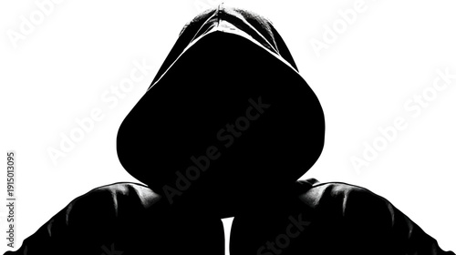 Silhouette of a figure in a hooded sweatshirt against a white background. Arms are at side