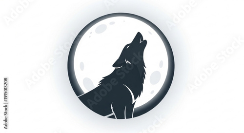 Wolf silhouette howling at full moon in circle frame with gradient shadow