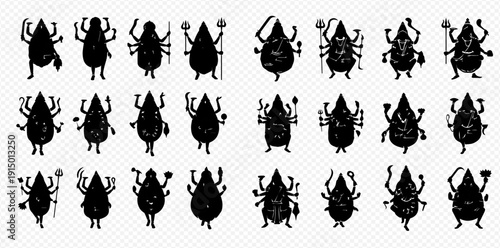 Set of abstract black silhouettes of mythical creatures or deities with multiple arms, in various poses, on a transparent background.