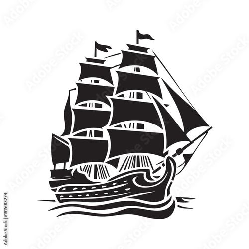 Detailed Black and White Illustration of a Classic Galleon Sailing Ship