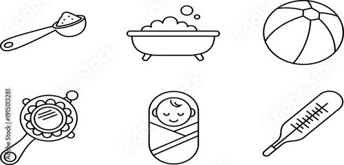 Baby Care Icon Set Featuring Newborn Infant Swaddled Baby Bath Tub With Bubbles Rattle Toy Thermometer Beach Ball And Milk PowderBaby Care Icon Set Featuring Newborn 