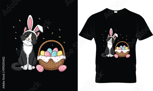 Cute Easter Cat T-Shirt Design | Adorable black and white kitty wearing bunny ears with colorful egg basket cartoon tshirt vector illustration logo for Easter apparel, spring holiday typography graphi