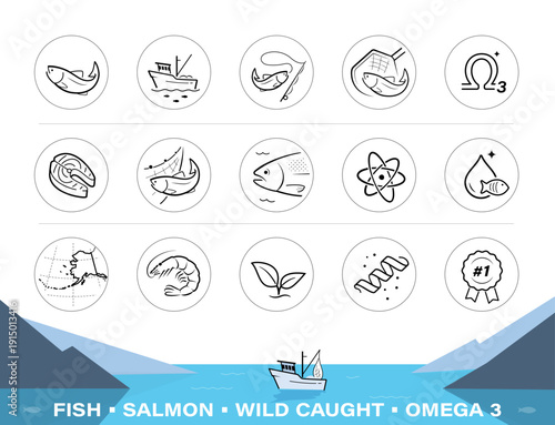 Salmon fish set icons. Perfect for food, pet food and products, omega 3 supplements. The outline icons are well scalable and editable. Contrasting elements are good for different backgrounds. EPS10.
