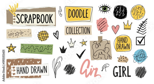A vibrant collection of hand-drawn doodle elements, text labels, and torn paper scraps for scrapbooking and graphic design projects.