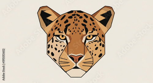 Stylized illustration of a leopard's face with yellow eyes and brown spots on a beige background