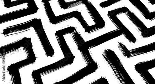 Abstract black brushstroke pattern forming a geometric maze on a white background, showcasing a textured artistic design.