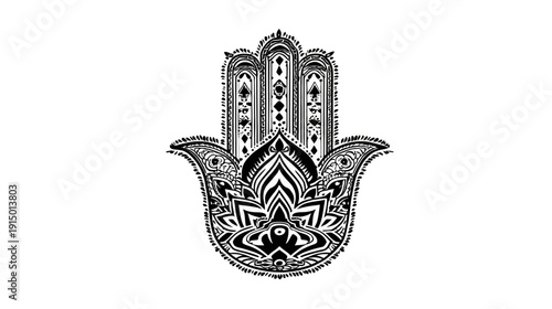 A black and white illustration of a hand with a detailed, symmetrical floral design