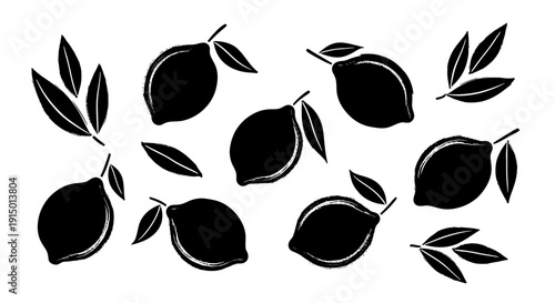 Black silhouettes of lemons and leaves, a collection of citrus fruit and foliage.