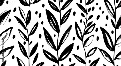 Hand-drawn black and white seamless pattern featuring stylized leaves and scattered dots, creating an organic and minimalist botanical design.